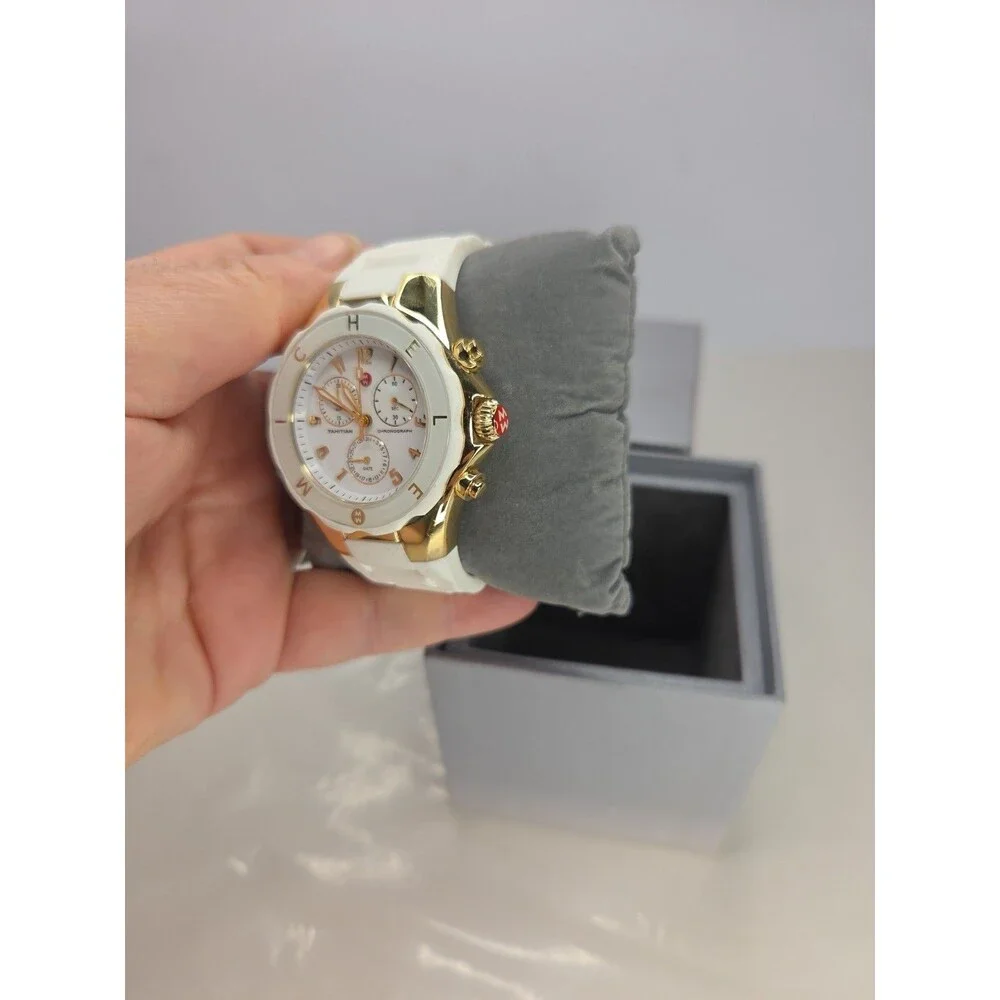 MICHELE JELLY BEAN TAHITIAN CHRONOGRAPH Watch GOLDTONE WHITE SILICONE BAND EUC - Picture 12 of 16